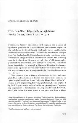 Frederick Albert Edgecomb: a Lighthouse Service Career, Hawai'i 1911 to 1942