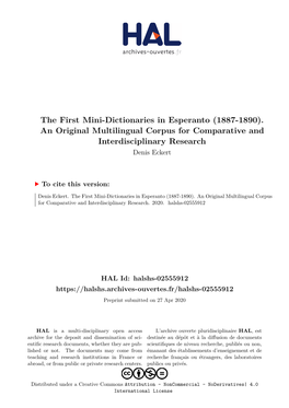 The First Mini-Dictionaries in Esperanto (1887-1890). an Original Multilingual Corpus for Comparative and Interdisciplinary Research Denis Eckert