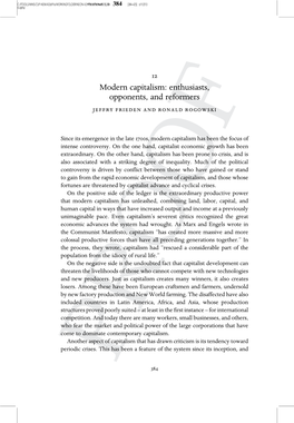 Modern Capitalism: Enthusiasts, Opponents, and Reformers Jeffry Frieden and Ronald Rogowski