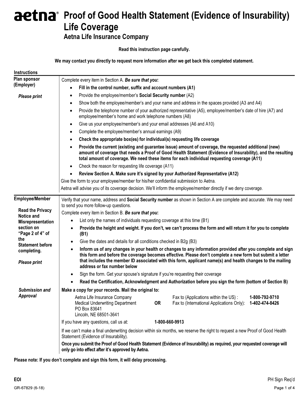 Proof of Good Health Statement (Evidence of Insurability) Life Coverage Aetna Life Insurance Company