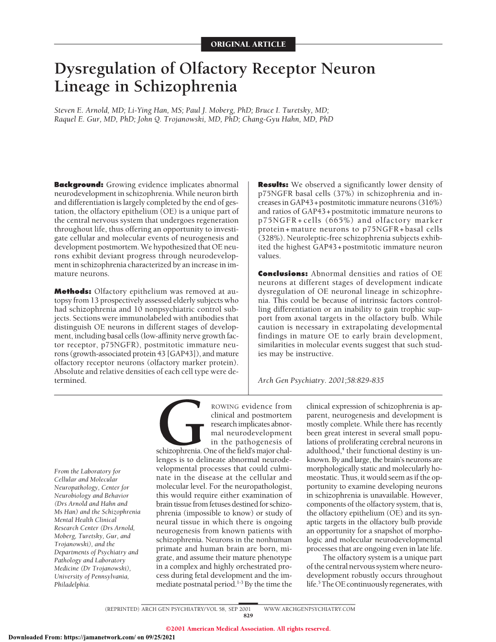 Dysregulation of Olfactory Receptor Neuron Lineage in Schizophrenia