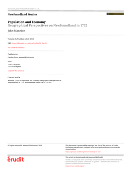 Population and Economy: Geographical Perspectives on Newfoundland in 1732