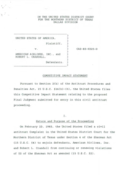 Competitive Impact Statement: U.S. V. American Airlines, Inc. and Robert L