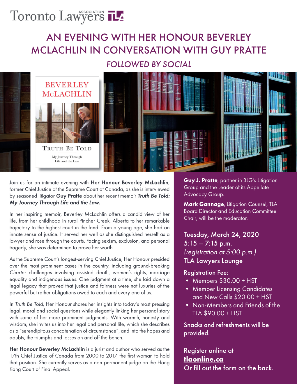 An Evening with Her Honour Beverley Mclachlin in Conversation with Guy Pratte Followed by Social