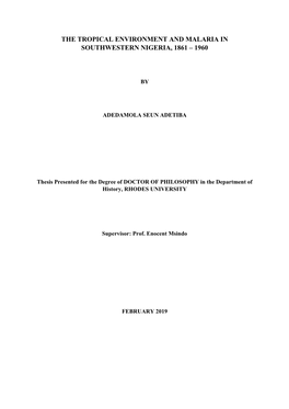 The Tropical Environment and Malaria in Southwestern Nigeria, 1861 – 1960