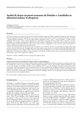 Analisi Di Alcune Invasioni Sostenute Da Ptinidae E Latridiidae in Abitazioni Italiane (Coleoptera)