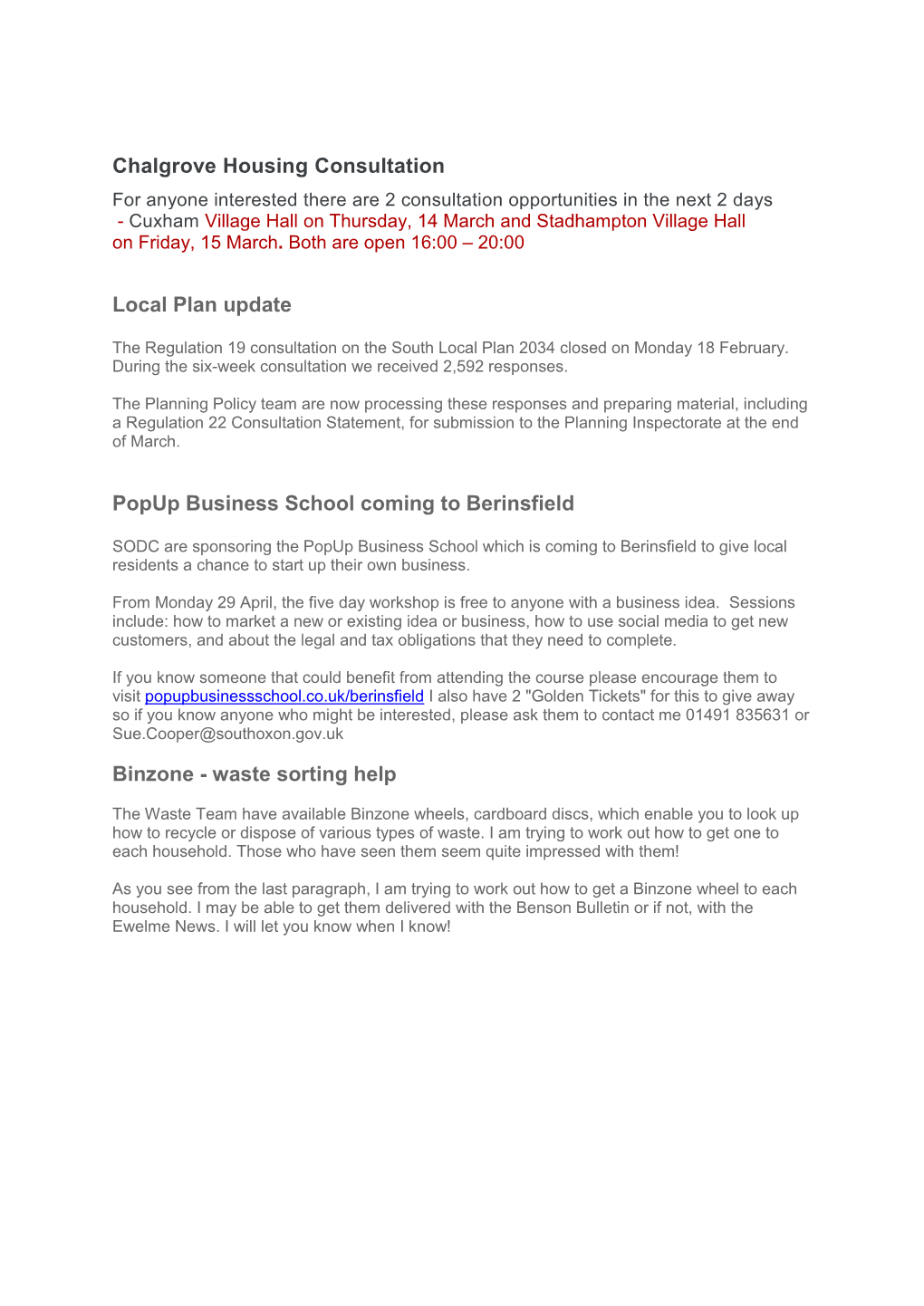 Chalgrove Housing Consultation Local Plan Update Popup Business School Coming to Berinsfield Binzone