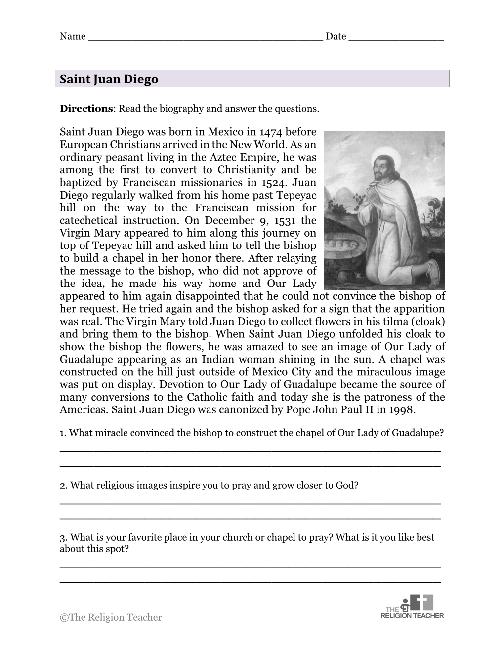 Saint Juan Diego Worksheet