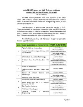 List of DGCA Approved AME Training Institutes Under CAR Section 2 Series E Part VIII (As on 31.8.2018)
