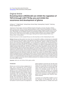 Original Article Knocking Down LINC01116 Can Inhibit the Regulation of TGF-Β Through Mir-774-5P Axis and Inhibit the Occurrence and Development of Glioma