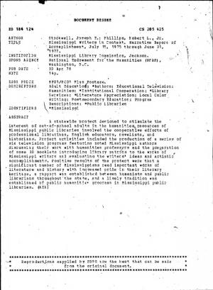 Mississippi Writers in Context. Narrative Report of Accomplishment, July 15, 1975 Through June 31, 1977