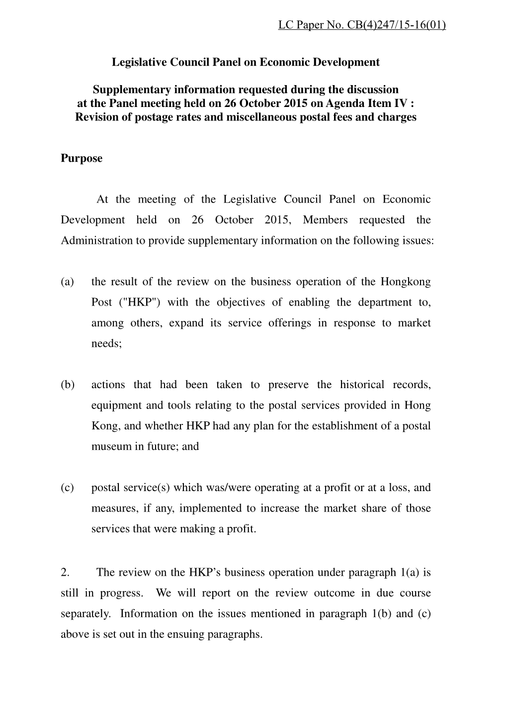 Legislative Council Panel on Economic Development