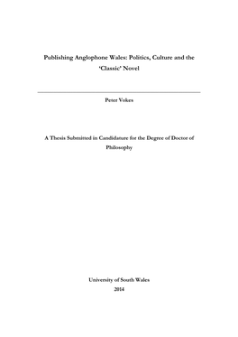 Publishing Anglophone Wales: Politics, Culture and the ‘Classic’ Novel