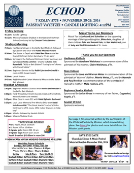7 Kislev 5775 • November 28-29, 2014 Parshat Vayetzei • Candle Lighting