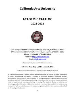 California Arts University ACADEMIC CATALOG