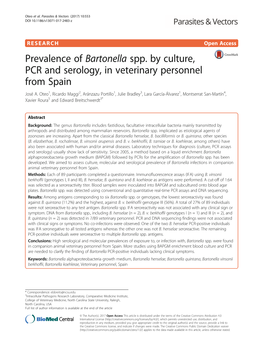Prevalence of Bartonella Spp. by Culture, PCR and Serology, in Veterinary Personnel from Spain José A