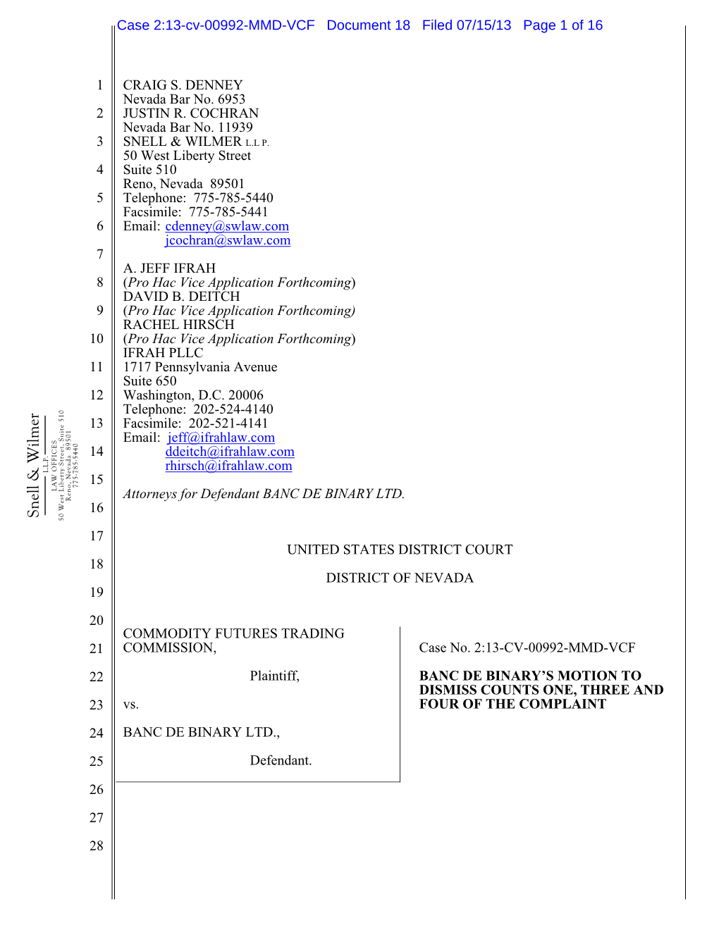 Motion to Dismiss, CFTC V. Banc De Binary