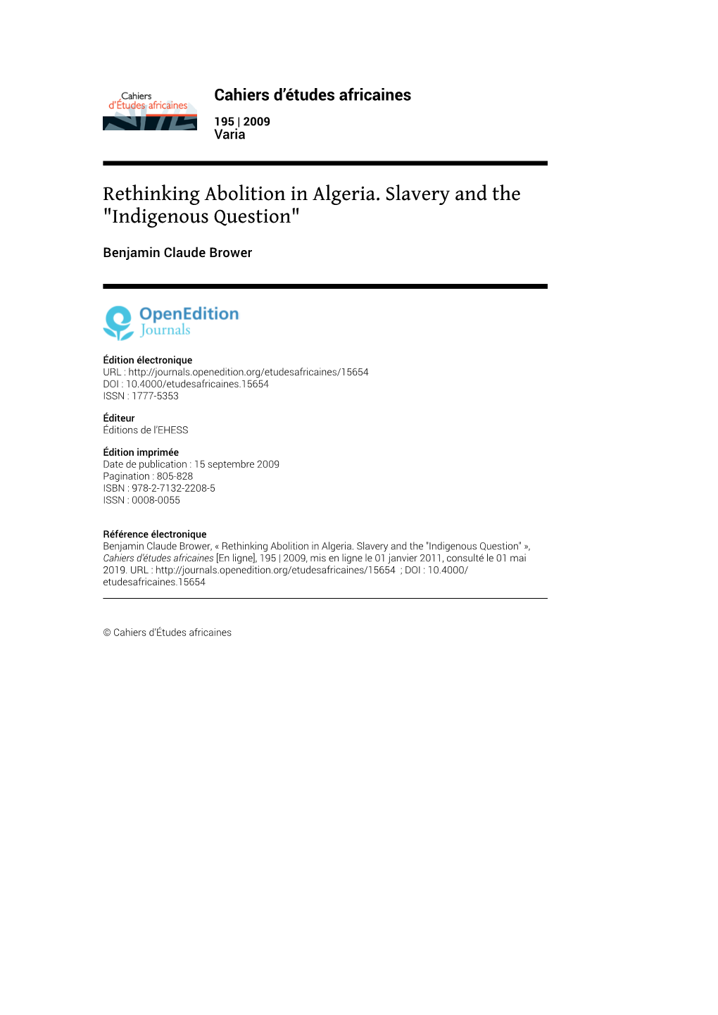 Rethinking Abolition in Algeria. Slavery and the "Indigenous Question"