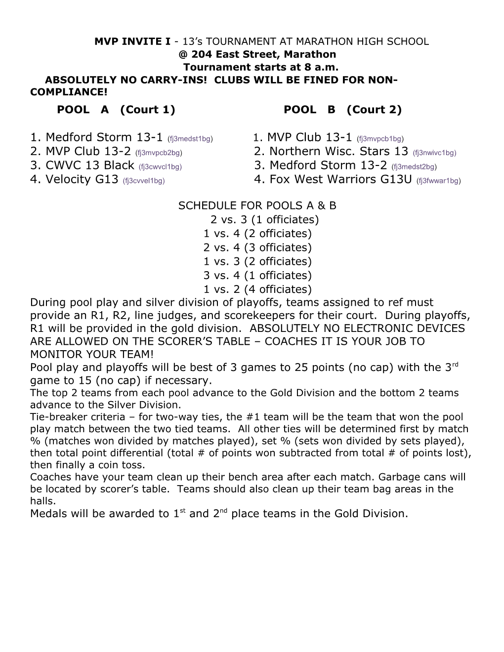 MVP INVITE I - 13 S TOURNAMENT at MARATHON HIGH SCHOOL