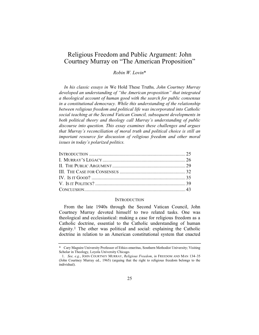 Religious Freedom and Public Argument: John Courtney Murray on “The American Proposition”