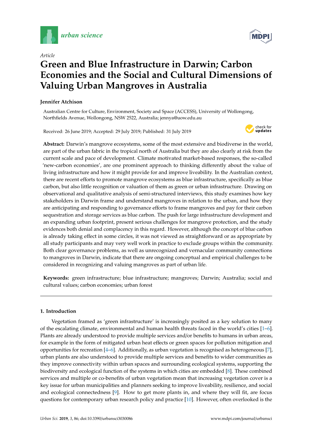 Green and Blue Infrastructure in Darwin; Carbon Economies and the Social and Cultural Dimensions of Valuing Urban Mangroves in Australia