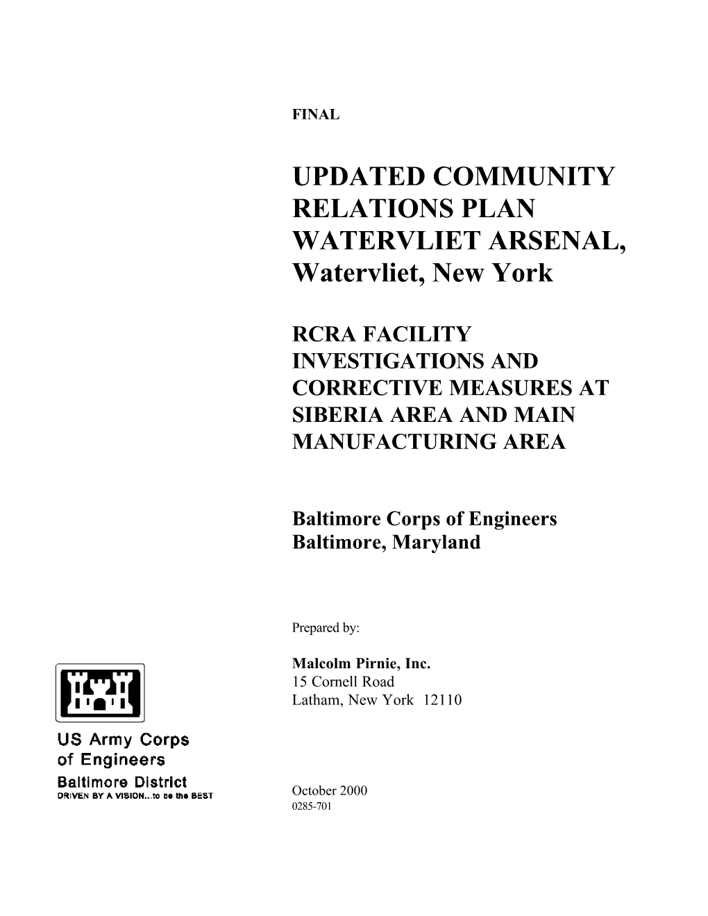 UPDATED COMMUNITY RELATIONS PLAN WATERVLIET ARSENAL, Watervliet, New York