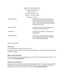 MINUTES of the MEETING of the LOUISIANA STATE MUSEUM Board of Directors Monday, November 13, 2017 12:30 P.M