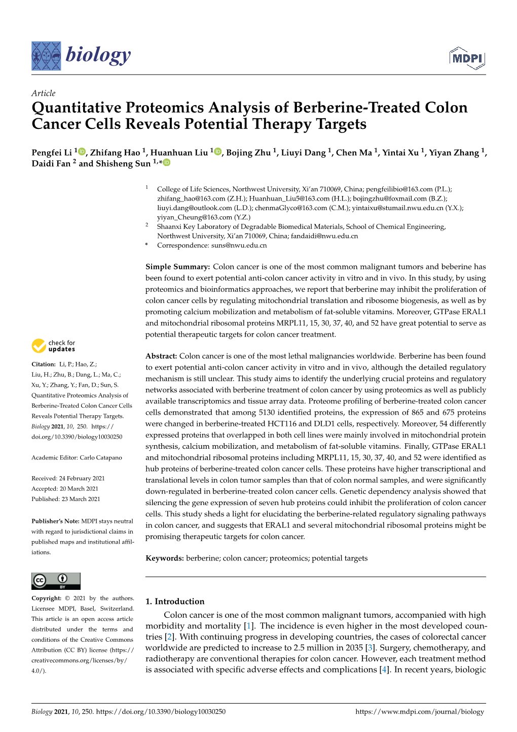 Quantitative Proteomics Analysis Of Berberine Treated Colon Cancer