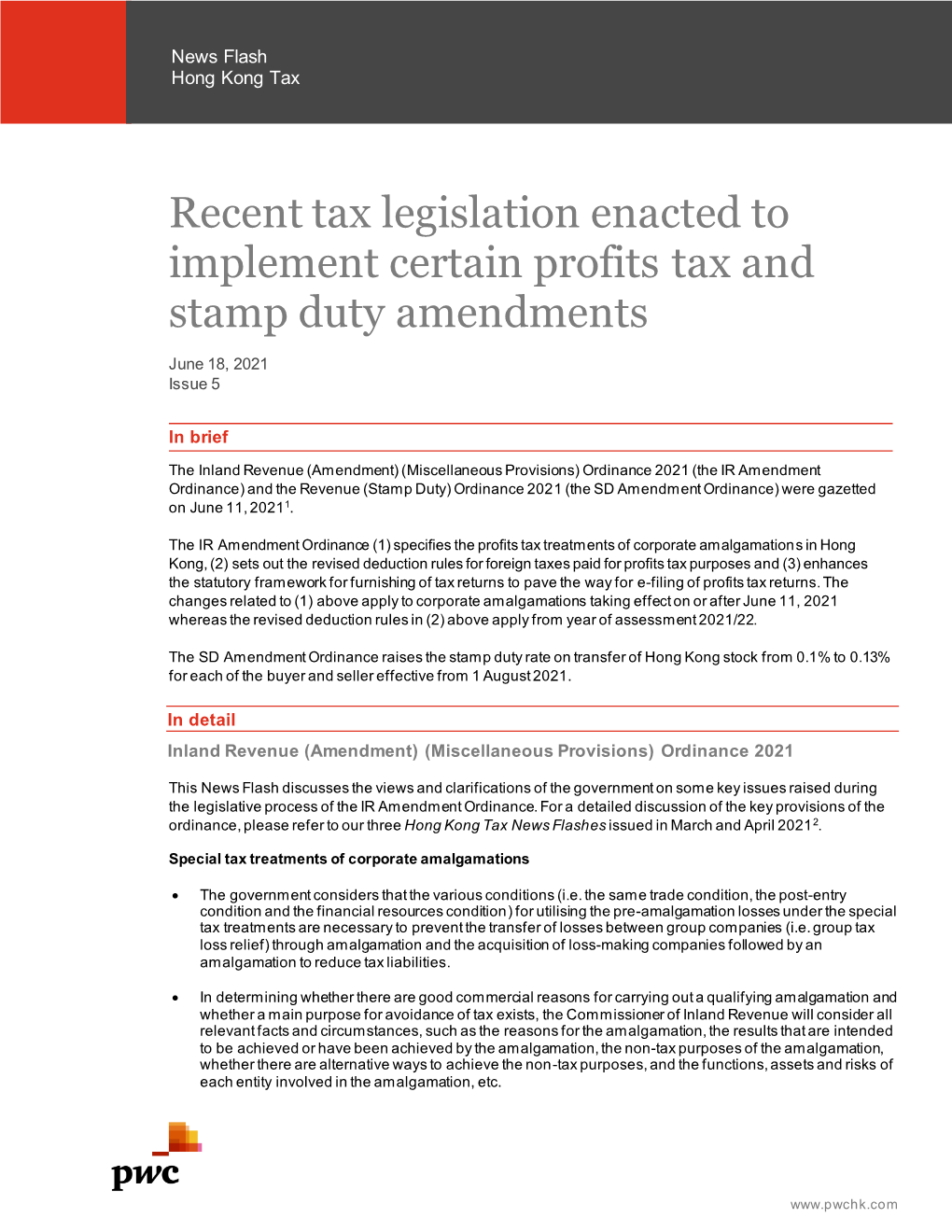 Recent Tax Legislation Enacted to Implement Certain Profits Tax and Stamp Duty Amendments
