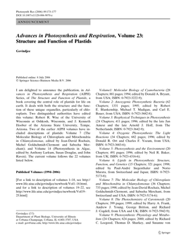 Advances in Photosynthesis and Respiration, Volume 23: Structure and Function of Plastids
