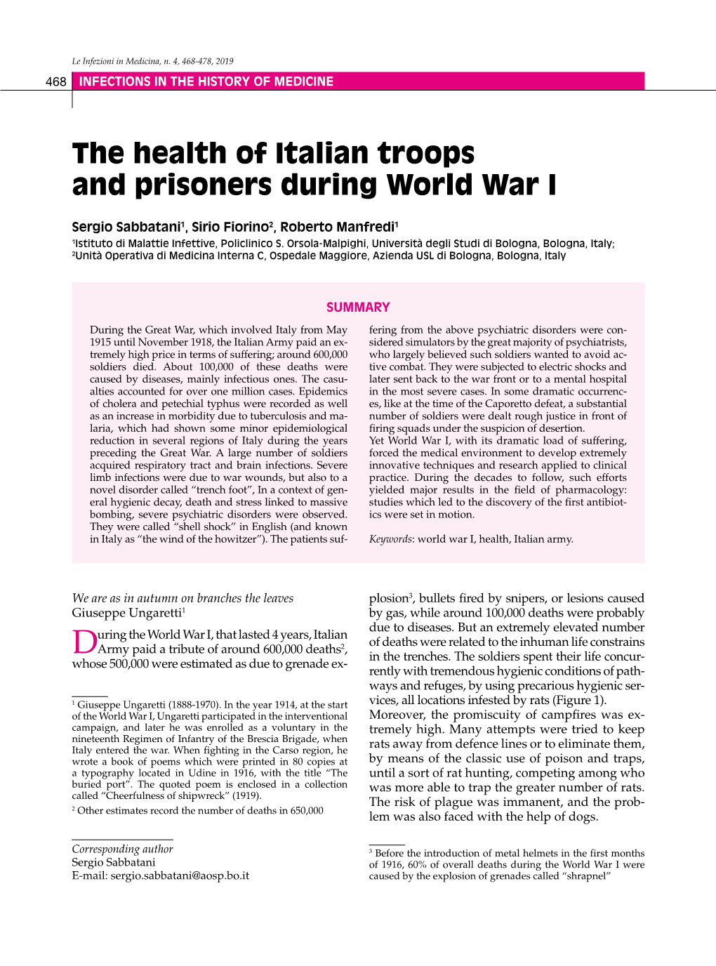 The Health of Italian Troops and Prisoners During World War I