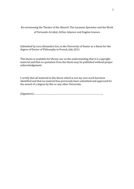 Envisioning the Theatre of the Absurd: the Lacanian Spectator and the Work of Fernando Arrabal, Arthur Adamov and Eugène Ionesco