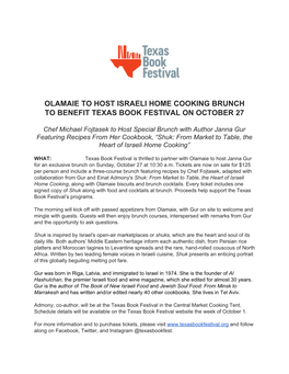 Olamaie to Host Israeli Home Cooking Brunch to Benefit Texas Book Festival on October 27