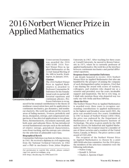 2016 Norbert Wiener Prize in Applied Mathematics