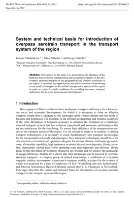 System and Technical Basis for Introduction of Overpass Aerotrain Transport in the Transport System of the Region