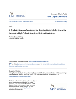 A Study to Develop Supplemental Reading Materials for Use with the Junior High School American History Curriculum