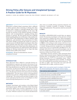 Driving Policy After Seizures and Unexplained Syncope: a Practice Guide for RI Physicians