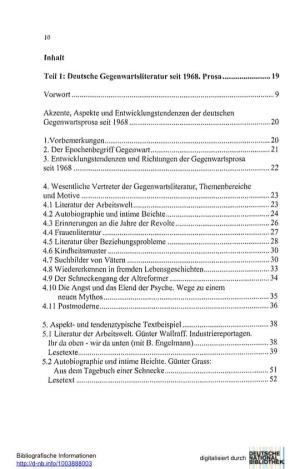 Inhalt Teil 1: Deutsche Gegenwartsliteratur Seit 1968. Prosa 19 Vorwort 9 Akzente, Aspekte Und Entwicklungstendenzen Der Deutsch