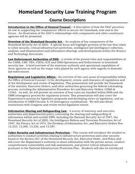 Homeland Security Law Training Program Course Descriptions