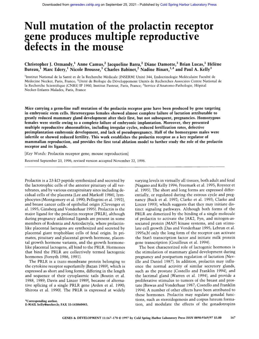 Null Mutation of the Prolactin Receptor Gene Produces Multiple Reproductive Defects in the Mouse