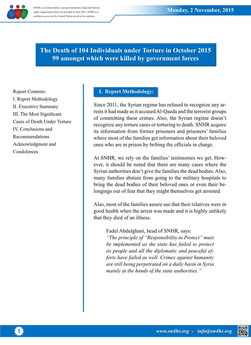 The Death of 104 Individuals Under Torture in October 2015 99 Amongst Which Were Killed by Government Forces