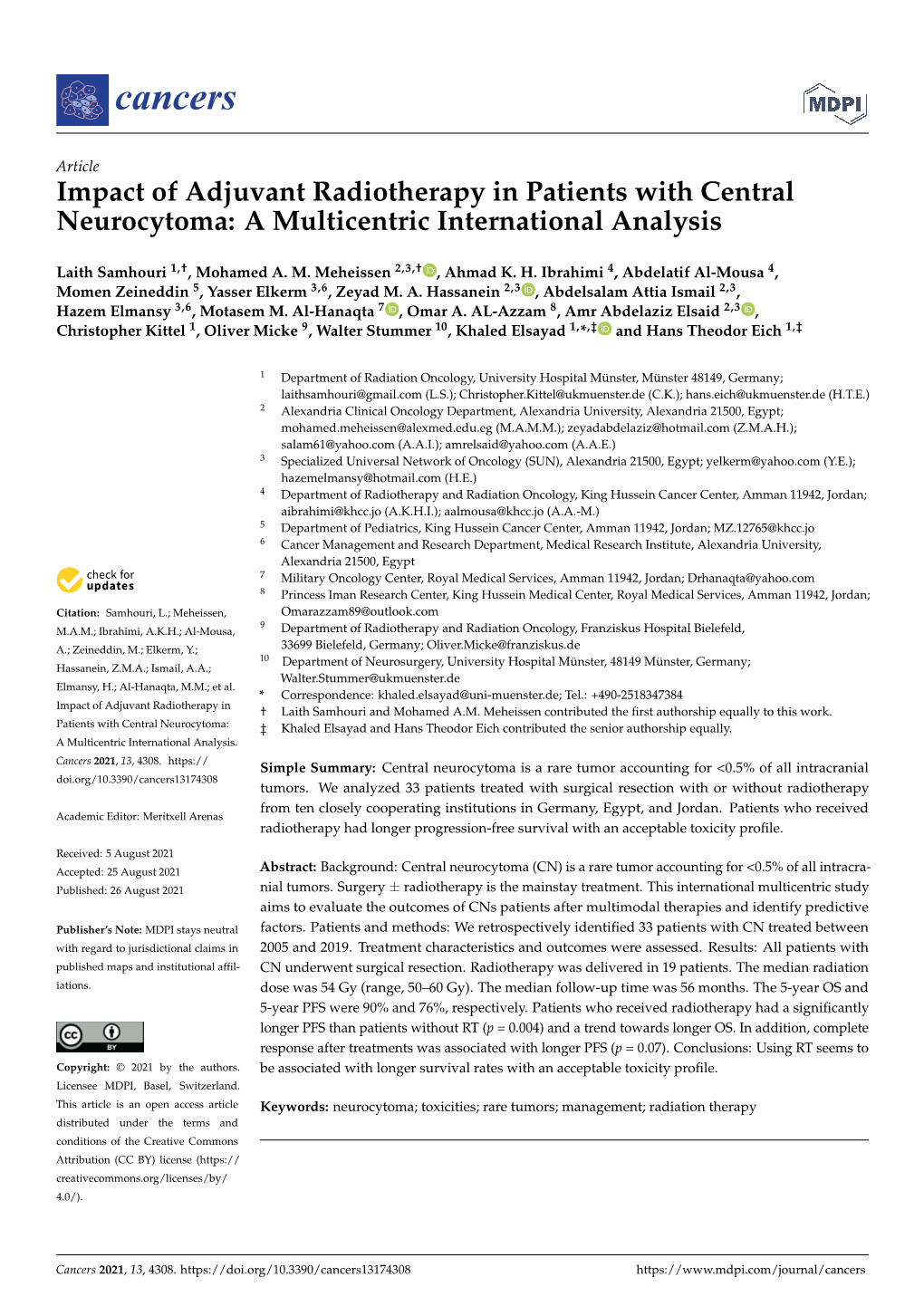 Impact of Adjuvant Radiotherapy in Patients with Central Neurocytoma: a Multicentric International Analysis