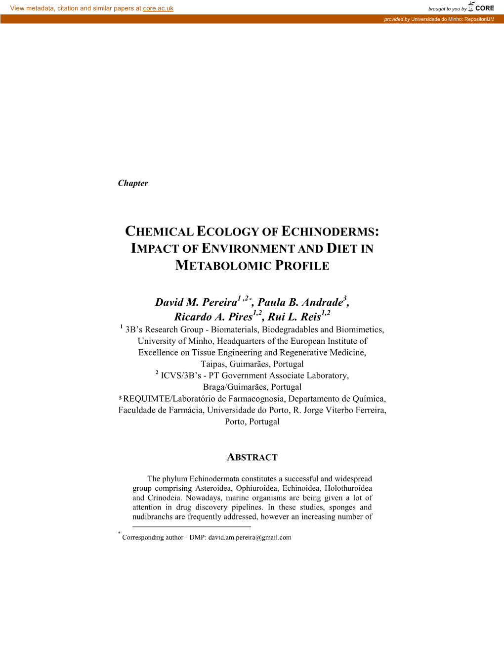 Chemical Ecology of Echinoderms: Impact of Environment and Diet in Metabolomic Profile