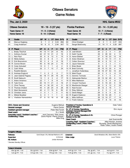 Ottawa Senators Game Notes