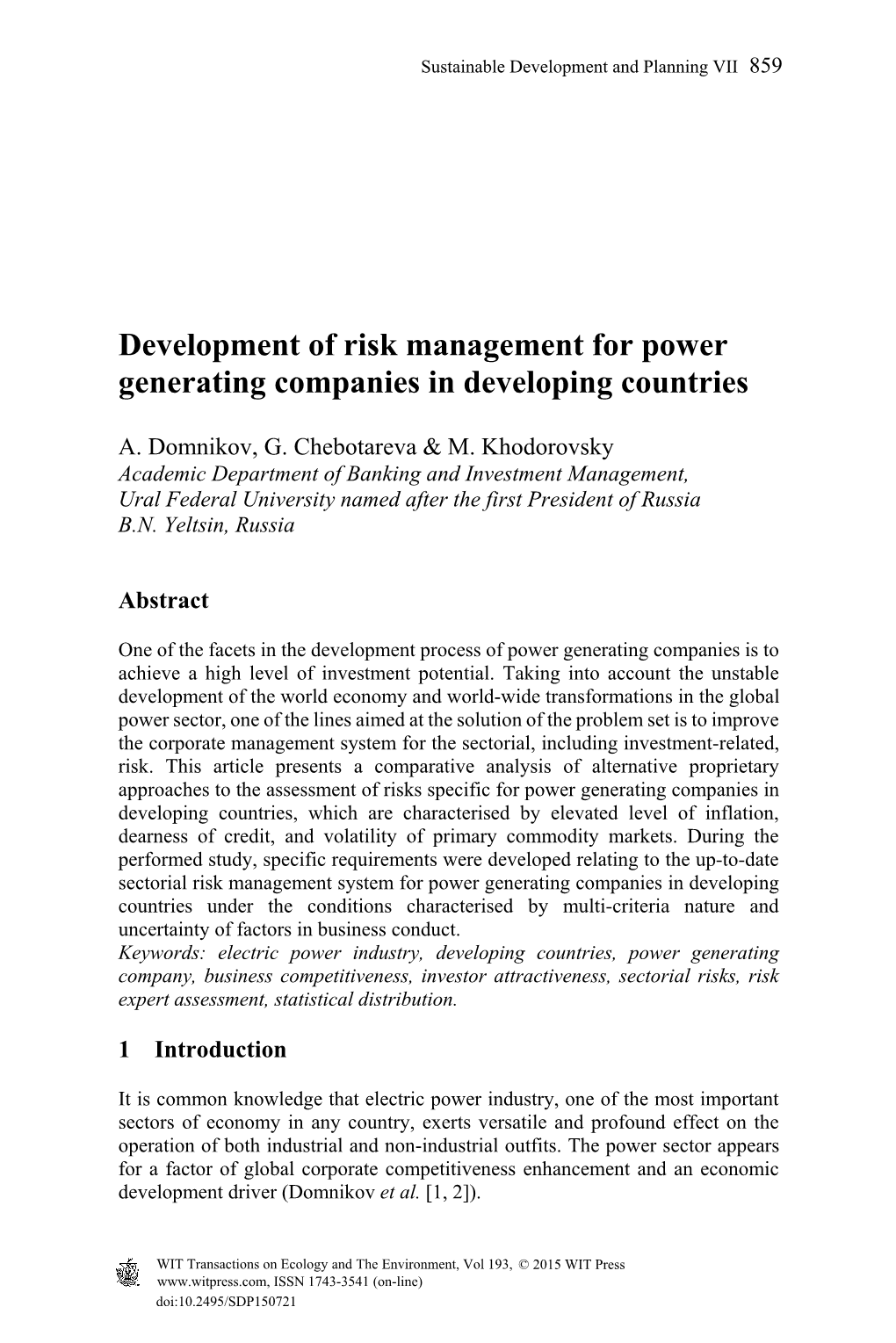 Development of Risk Management for Power Generating Companies in Developing Countries