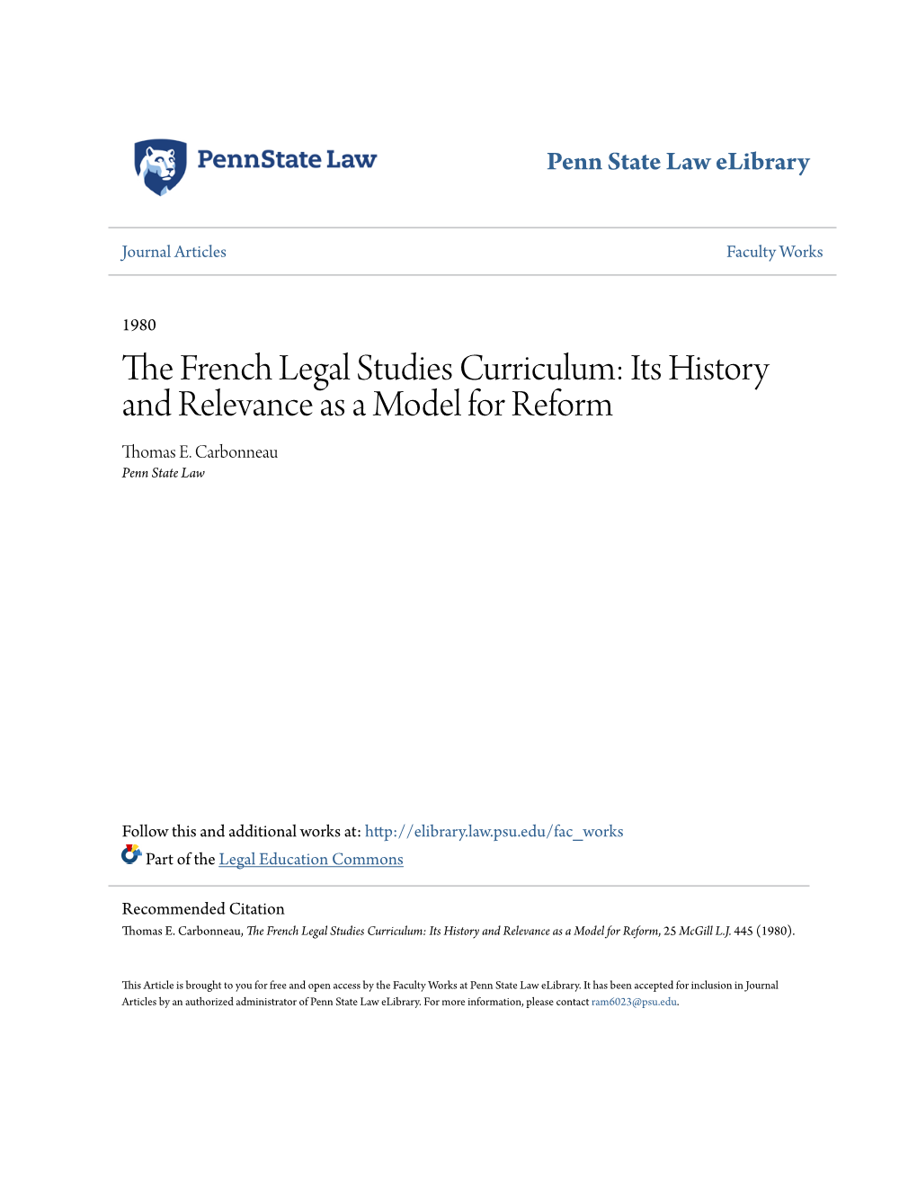 The French Legal Studies Curriculum: Its History and Relevance As a Model for Reform, 25 Mcgill L.J