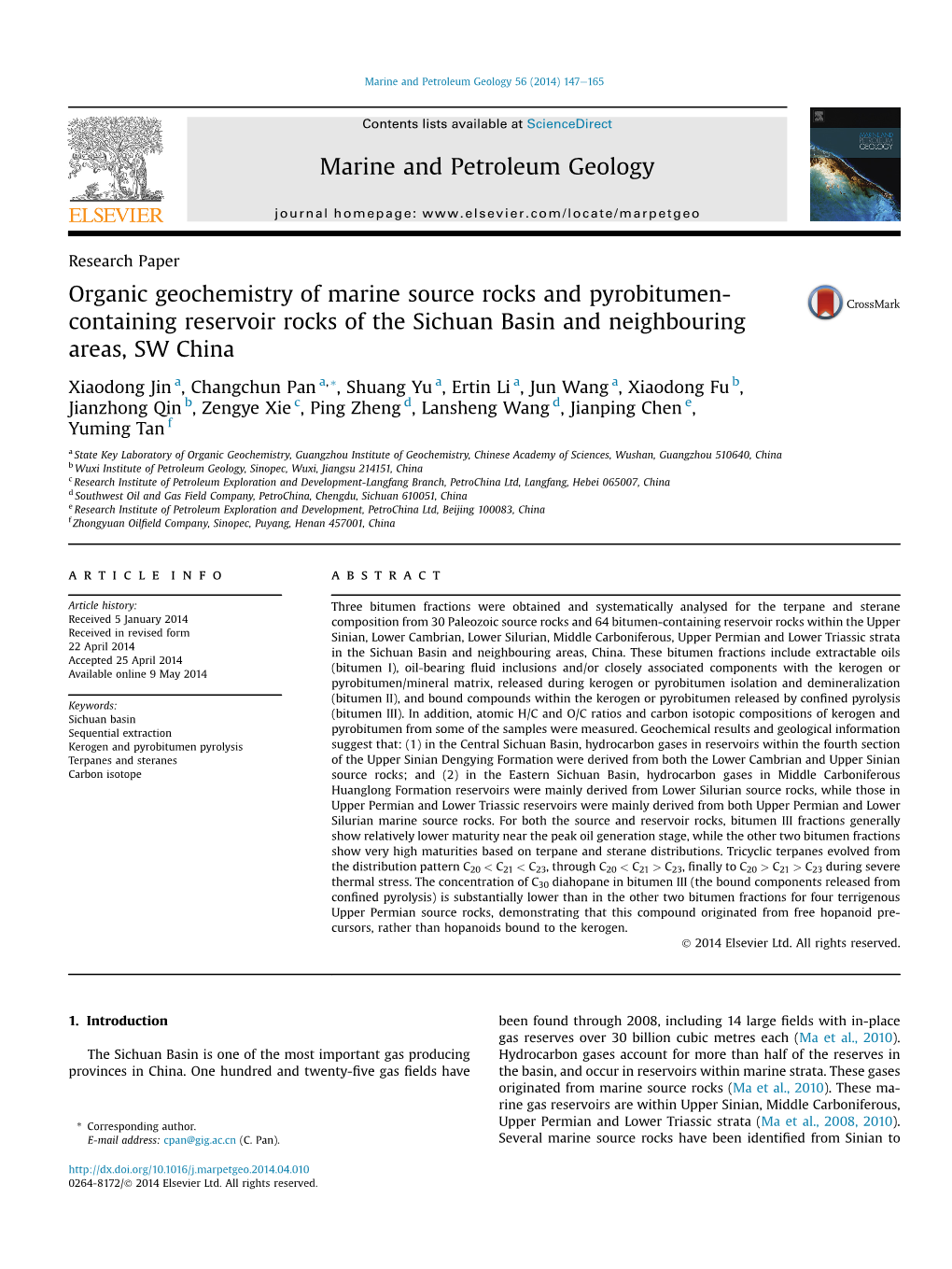 Organic Geochemistry of Marine Source Rocks and Pyrobitumen- Containing Reservoir Rocks of the Sichuan Basin and Neighbouring Areas, SW China