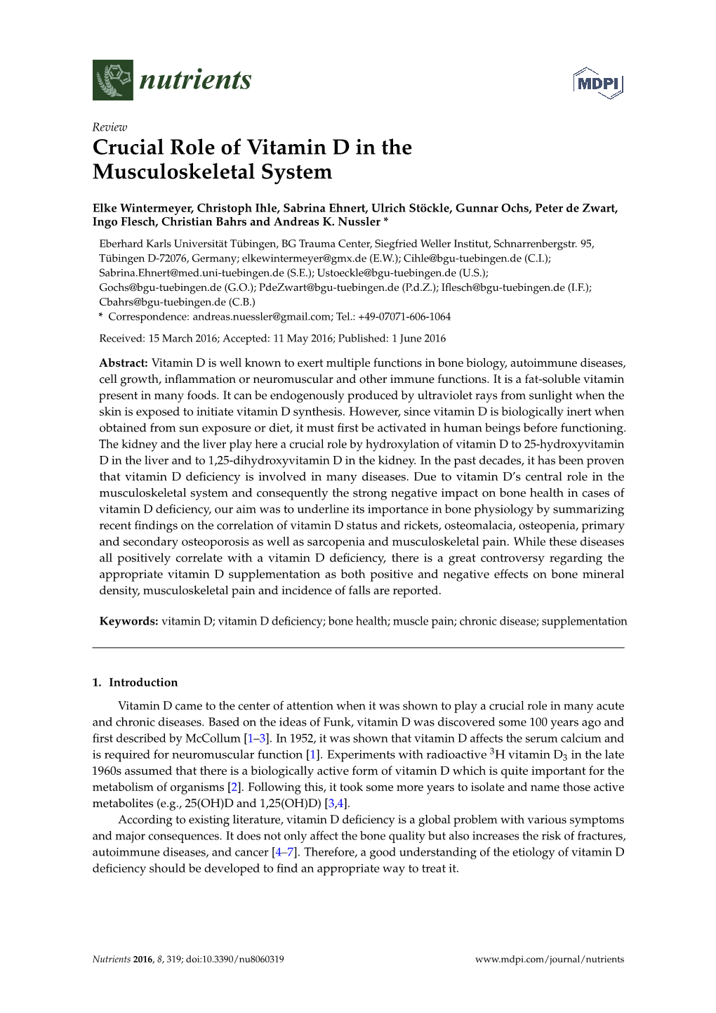 Crucial Role of Vitamin D in the Musculoskeletal System