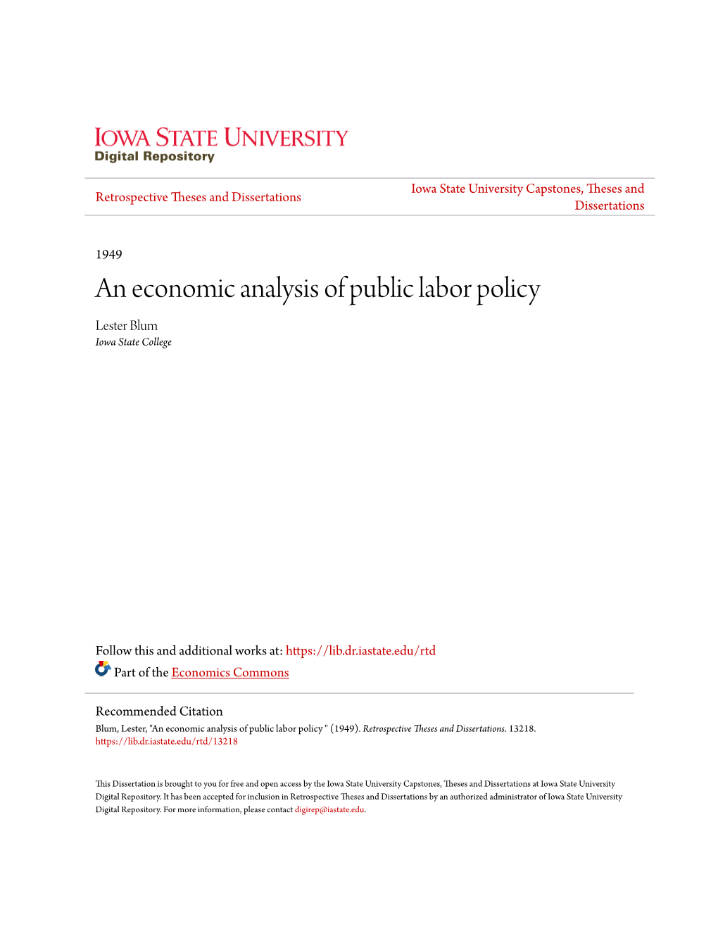 An Economic Analysis of Public Labor Policy Lester Blum Iowa State College