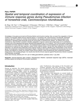 Spatial and Temporal Coordination of Expression of Immune Response Genes During Pseudomonas Infection of Horseshoe Crab, Carcinoscorpius Rotundicauda